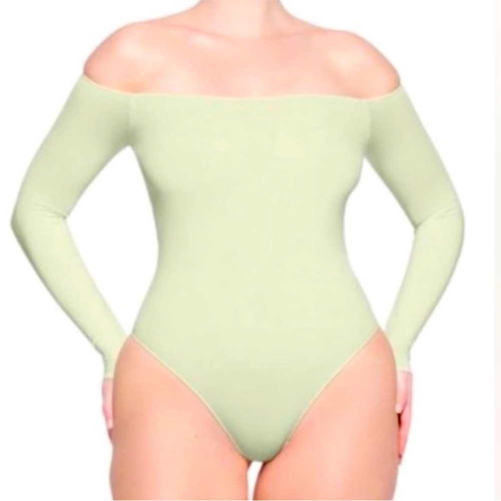 SKIMS Long Sleeve Off the Shoulder Bodysuit in Mint